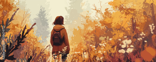 Woman hiking through autumn forest with vibrant foliage and golden leaves.