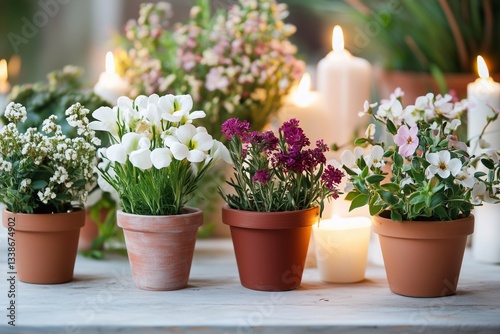 Wallpaper Mural Flowers in Small Pots Create a Cheerful Atmosphere on a Festive Table Adorned With Candles Generative AI Torontodigital.ca
