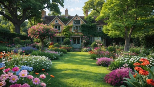 Charming English garden with vibrant flowers in various colors, lush green trees, and a manicured lawn in bright sunlight showcasing tranquility.