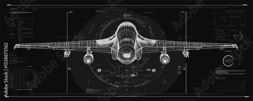 Wireframe blueprint of a jet aircraft with detailed technical annotations.