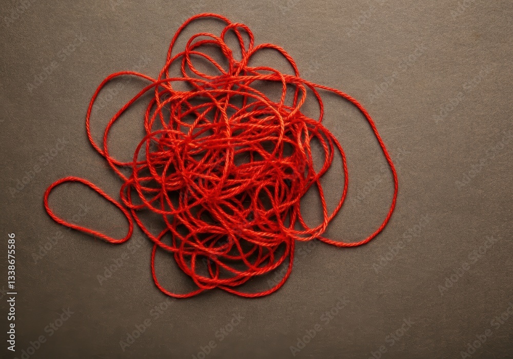 Red tangled string on gray background Red tangled string on gray background