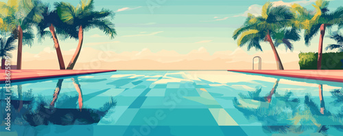 Serene tropical poolside at sunset with palm trees and ocean horizon reflection.