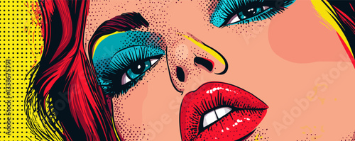 Vibrant pop art portrait of a woman with bold makeup and red lips in comic style.