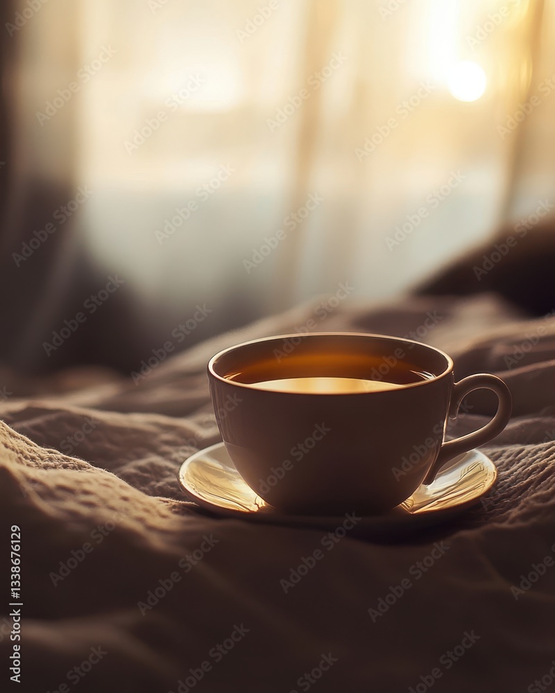 Obraz premium Warm Cup of Tea on Soft Bed Linen with Morning Light Background