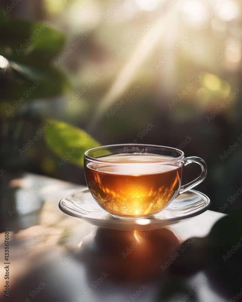 Warm Glass Cup of Tea on Wooden Table Surrounded by Greenery Warm Glass Cup of Tea on Wooden Table Surrounded by Greenery