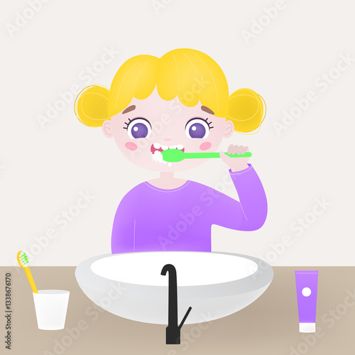 Little cute girl brushing teeth on bathroom. Flat illustration isolated on white background