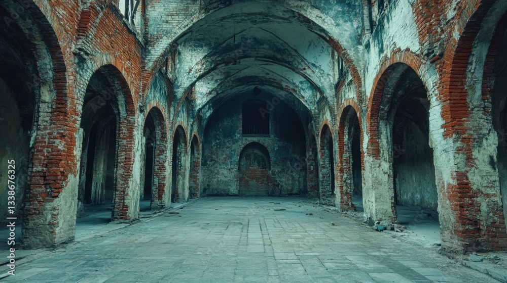 Fototapeta premium Eerie Interior of an Abandoned Brick Building with Arches and Vaulted Ceiling in a State of Decay and Neglect with Dim Light