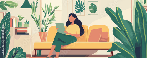 Woman relaxing on cozy sofa with tablet in green, plant-filled living room.