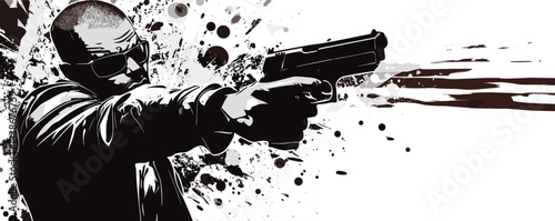 Monochrome illustration of armed man shooting with splatter effects.
