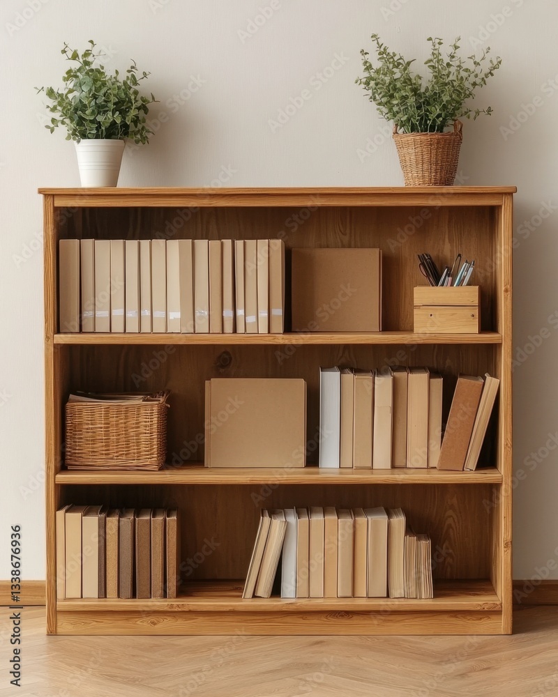 Rustic wooden bookshelf filled with books and decorative plants against a neutral wall creating a cozy reading nook