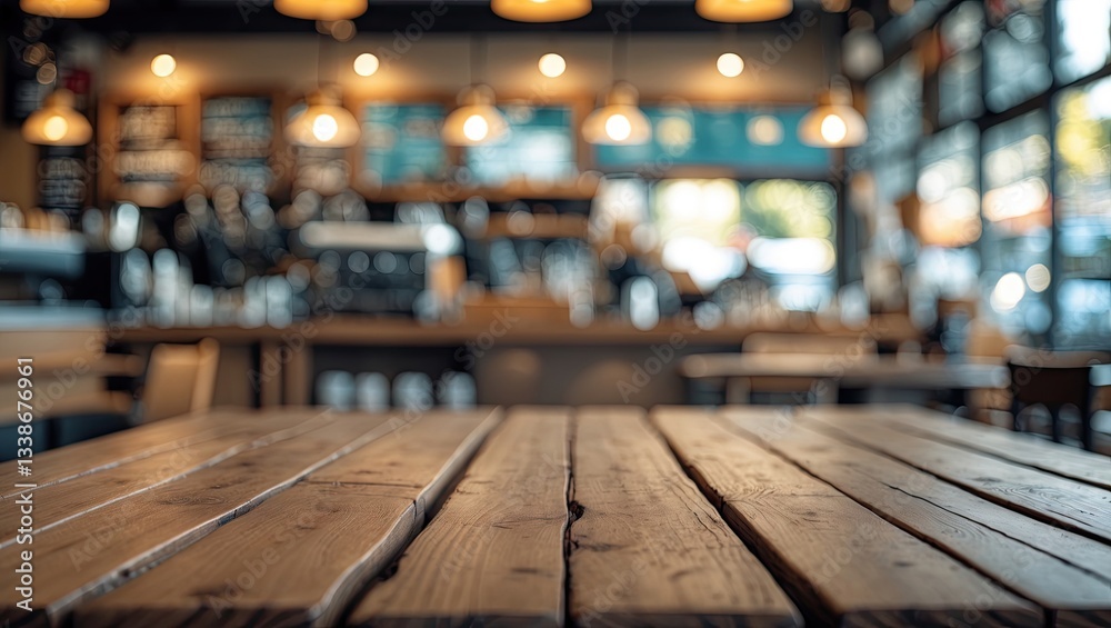 Empty brown wooden table in foreground with soft blur, warm tones in coffee shop background featuring bokeh lights, ideal for product displays. Empty brown wooden table in foreground with soft blur, warm tones in coffee shop background featuring bokeh lights, ideal for product displays.