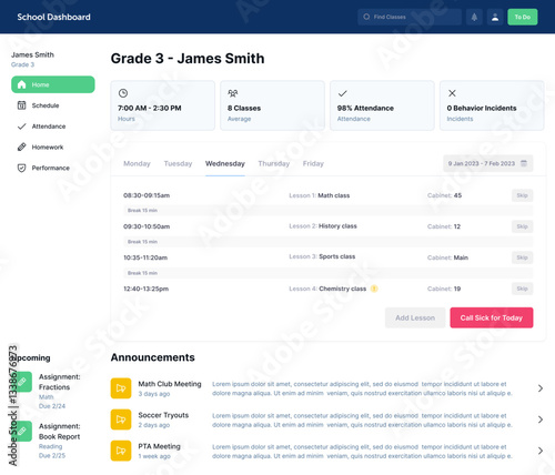 School Dashboard, Education Portal, Homework Web App Calendar Academic CMS Classroom UI Kit Template
