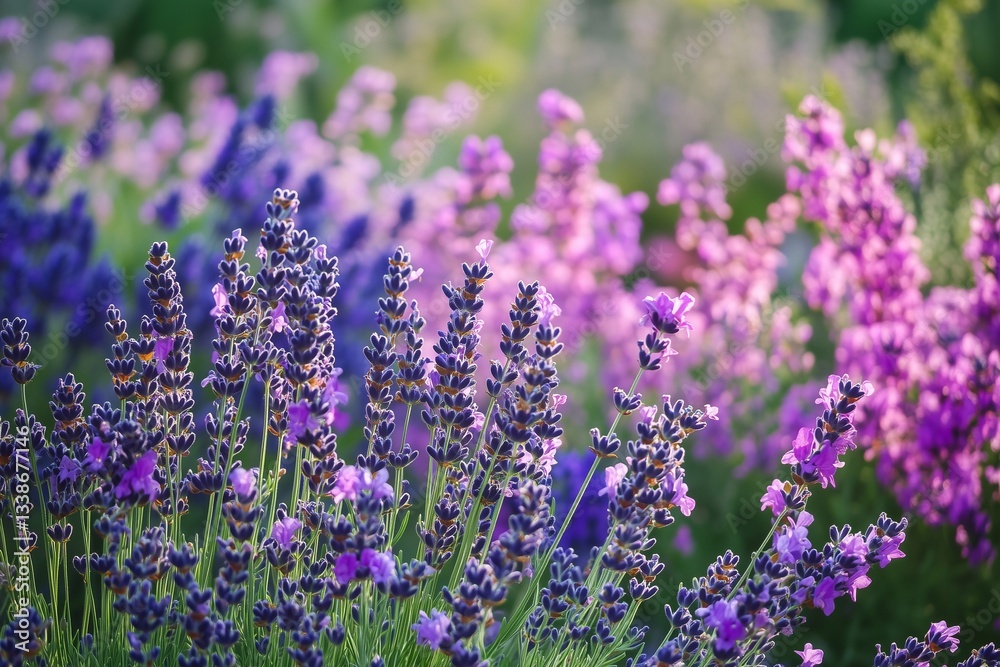 Obraz premium Explore the Vibrant Lavender Garden Filled With Blooms in Various Shades During a Sunny Afternoon Generative AI