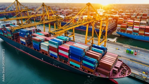 Drone footage showcasing bustling activity at a colorful global shipping hub.