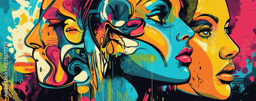 Vibrant abstract portrait of diverse female faces in colorful expressionist style.