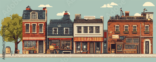 Charming vintage street with unique shops and classic architecture in a retro pixel art style.