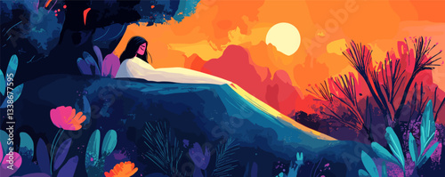 Tranquil evening: woman resting on cliff amidst vibrant sunset and lush nature.