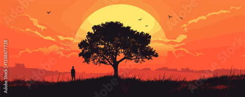 Silhouetted tree at sunset with person and birds against colorful sky.
