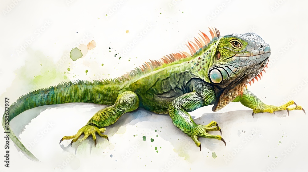 Obraz premium Green Iguana Watercolor Painting of a Reptile