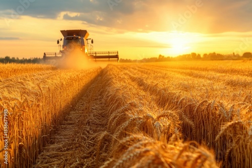 Golden wheat harvesting at sunset in fields agricultural action scene captured with combi harvester scenic rural landscape viewpoint for farming enthusiasts