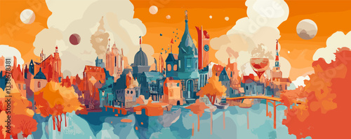 Colorful fantasy cityscape with vibrant architecture and autumnal trees in surreal universe.