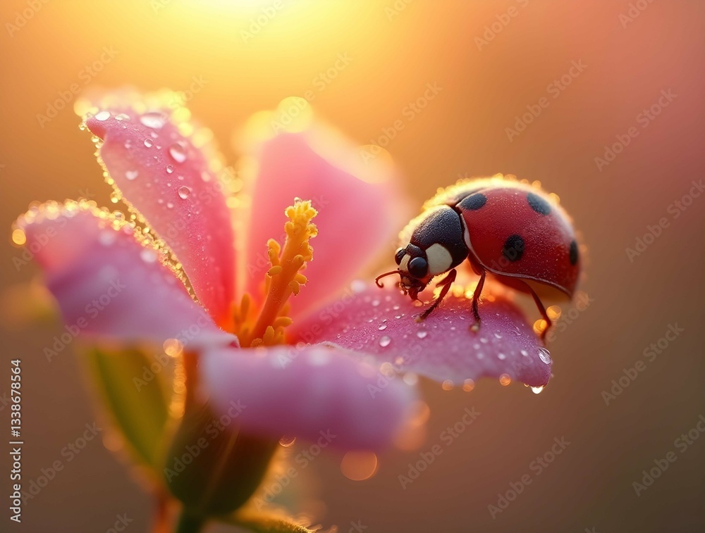 Fototapeta premium Ladybug perched on a pink flower with dewdrops, backlit by a soft sunset glow