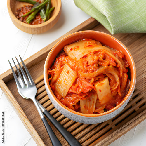 Traditional korean kimchi in bowl with spicy fermented vegetables
