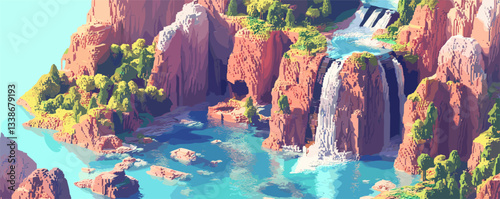 Tranquil aerial view of cascading waterfalls and turquoise pool in lush canyon landscape.