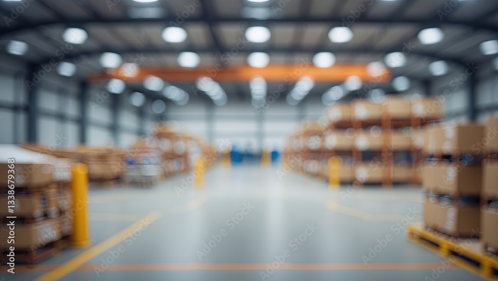 Blurred interior of a spacious warehouse featuring stacked cardboard boxes in the background, with soft lighting and a clean concrete floor. Blurred interior of a spacious warehouse featuring stacked cardboard boxes in the background, with soft lighting and a clean concrete floor.