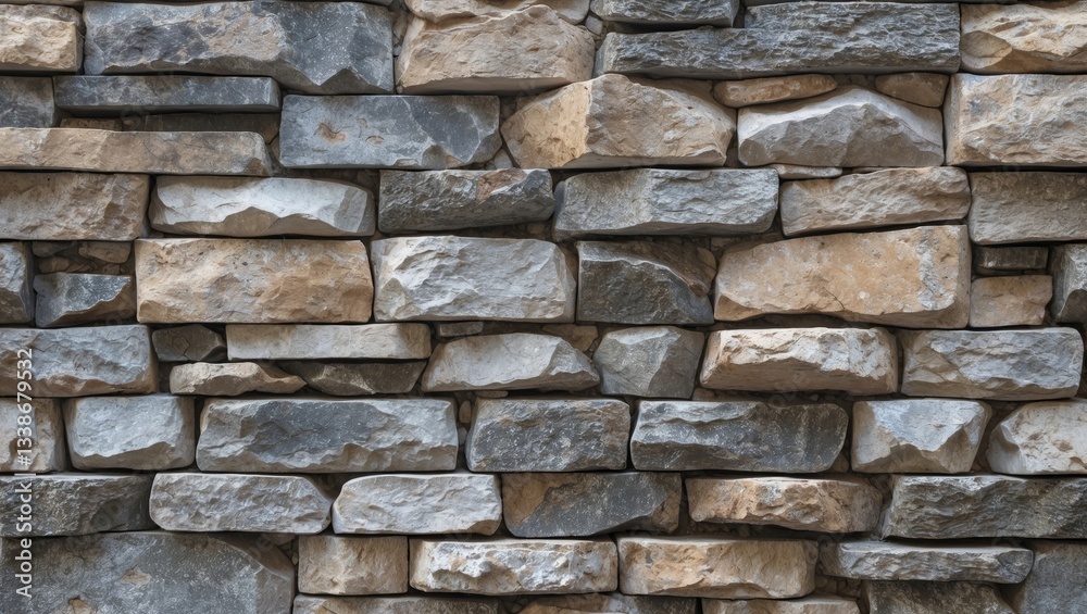Fototapeta premium Natural textured stone wall with a mix of gray and beige stones arranged in horizontal layers creating a rustic backdrop for various designs