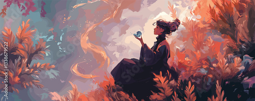 Woman holding glass orb in enchanted forest with vibrant autumn foliage.