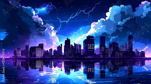 A vibrant, pixelated city skyline, reflected in a still body of water, under a stormy night sky.  A vibrant scene with striking colors and lightning