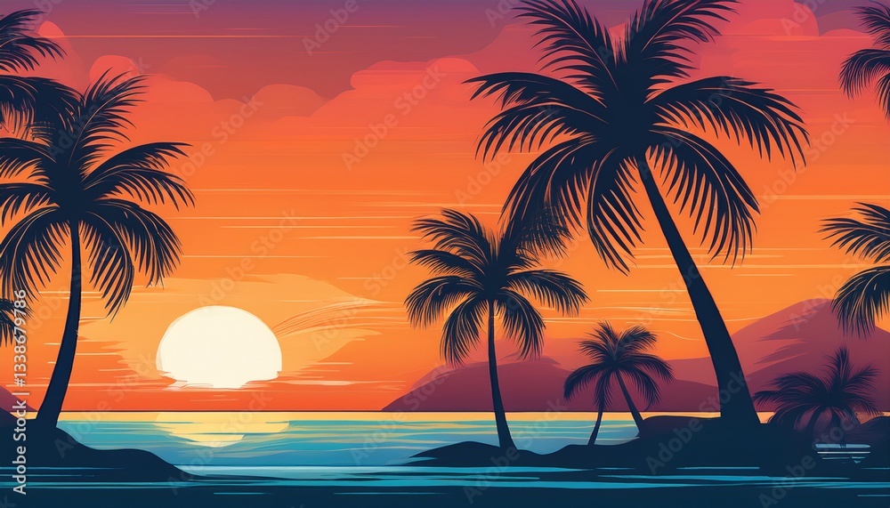 Fototapeta premium Seamless pattern featuring palm trees, sunsets, and relaxing vibes. Tropical, serene, and warm design, perfect for textiles, wallpapers, or summer-themed illustrations. 