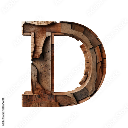 Wooden monogram letter D isolated on transparent background. A letter D carved from wood