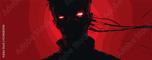Dark cyberpunk figure with glowing eyes in red and black abstract art.