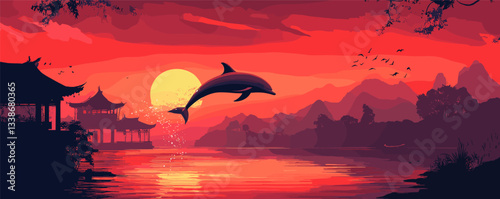 Dolphin leaping at sunset with pagodas and red sky in serene landscape.