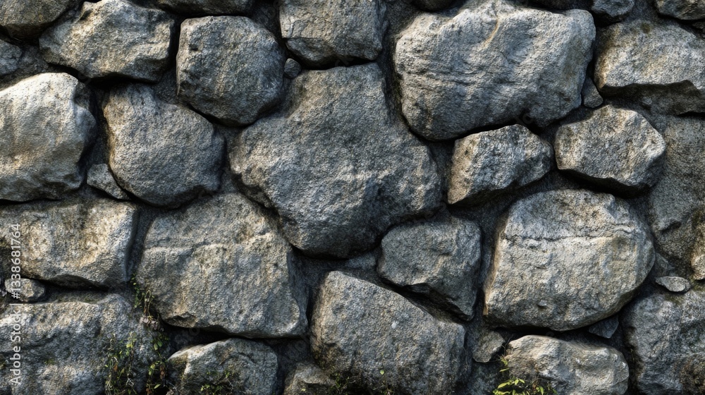 A textured stone wall of irregular grey rocks A textured stone wall of irregular grey rocks