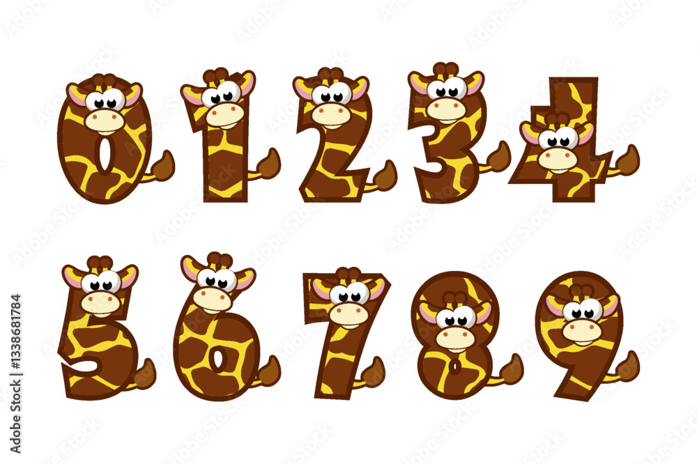 Funny Character Giraffe Numbers, figures 0-9. Cartoon of numbers with a animal concept. Calligraphy, lettering, typography for your Education cards or game Funny Character Giraffe Numbers, figures 0-9. Cartoon of numbers with a animal concept. Calligraphy, lettering, typography for your Education cards or game
