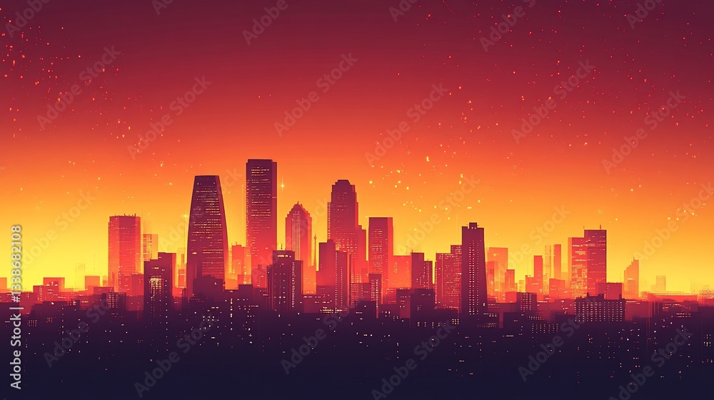 Vibrant city skyline at sunset with a gradient sky. Vibrant city skyline at sunset with a gradient sky.