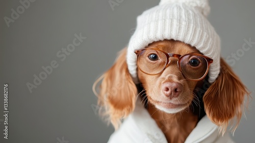 This cute dog sports a white hat and stylish glasses, showcasing a lovable personality that captivates viewers with its endearment against a neutral background.