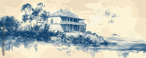 Vintage coastal house with trees and watercolor effect on tranquil cliffside.