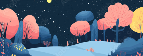 Tranquil night landscape with colorful trees under starry sky and bright moon.