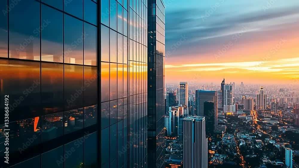Stunning city skyline at sunset with reflective skyscrapers and vibrant clouds, showcasing urban life