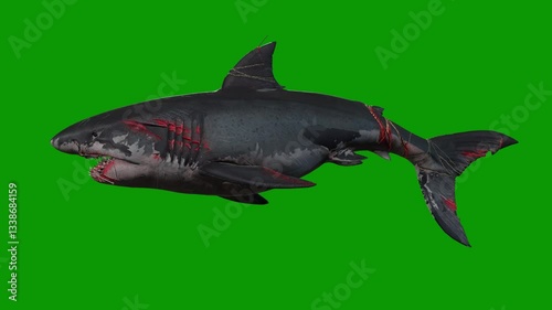 A killer Shark angry scene from left 3D rendering animation on green screen or chroma key video clip