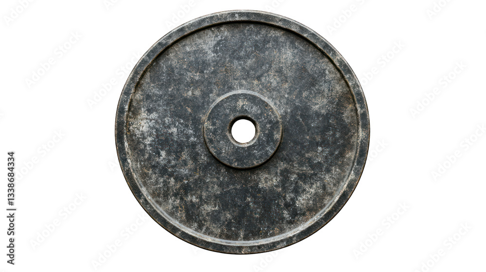 A detailed image of a weight plate with a rugged finish on a transparent background A detailed image of a weight plate with a rugged finish on a transparent background