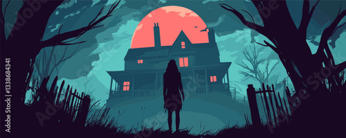 Silhouetted figure approaches spooky haunted house at night with red moon in background.