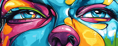 Colorful abstract expressionist portrait with intense gaze and vivid patterns.