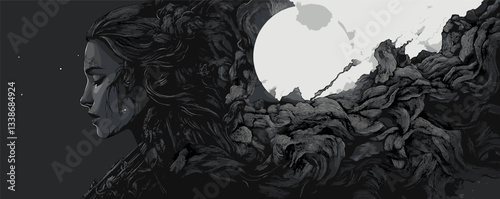 Mystical woman in silhouette against moonlit sky with flowing hair and dark art style.