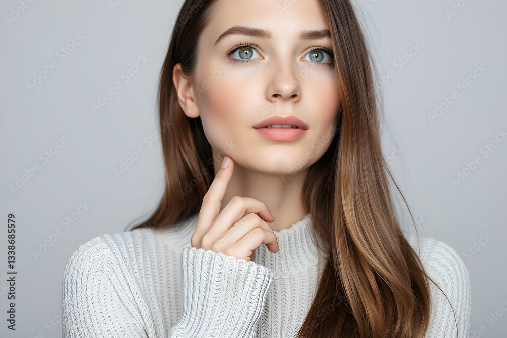 Thoughtful young woman in a cozy gray sweater looking up and touching her chin, expressing curiosity, contemplation, and deep thinking against a neutral background and representing ideas Thoughtful young woman in a cozy gray sweater looking up and touching her chin, expressing curiosity, contemplation, and deep thinking against a neutral background and representing ideas