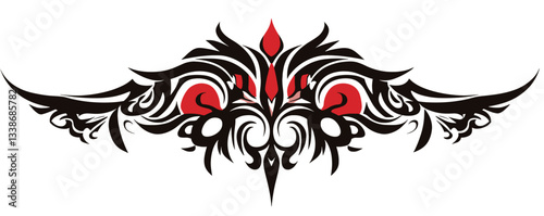 Intricate black and red tribal tattoo design with symmetrical patterns.